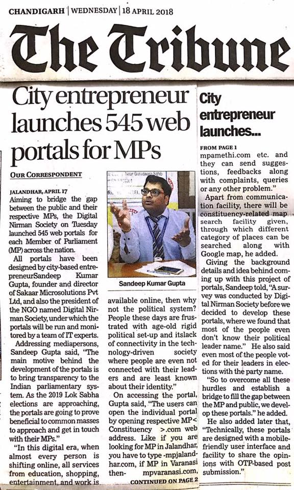 City Entrepreneur Launches 545 Web Portals for MPs - The Tribune